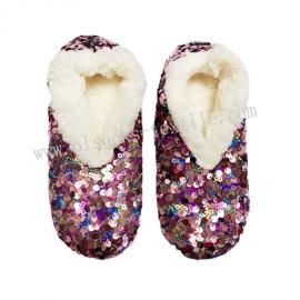 WOMEN FASHION PINK SEQUINS SHERPA LINED INDOOR SOCKS